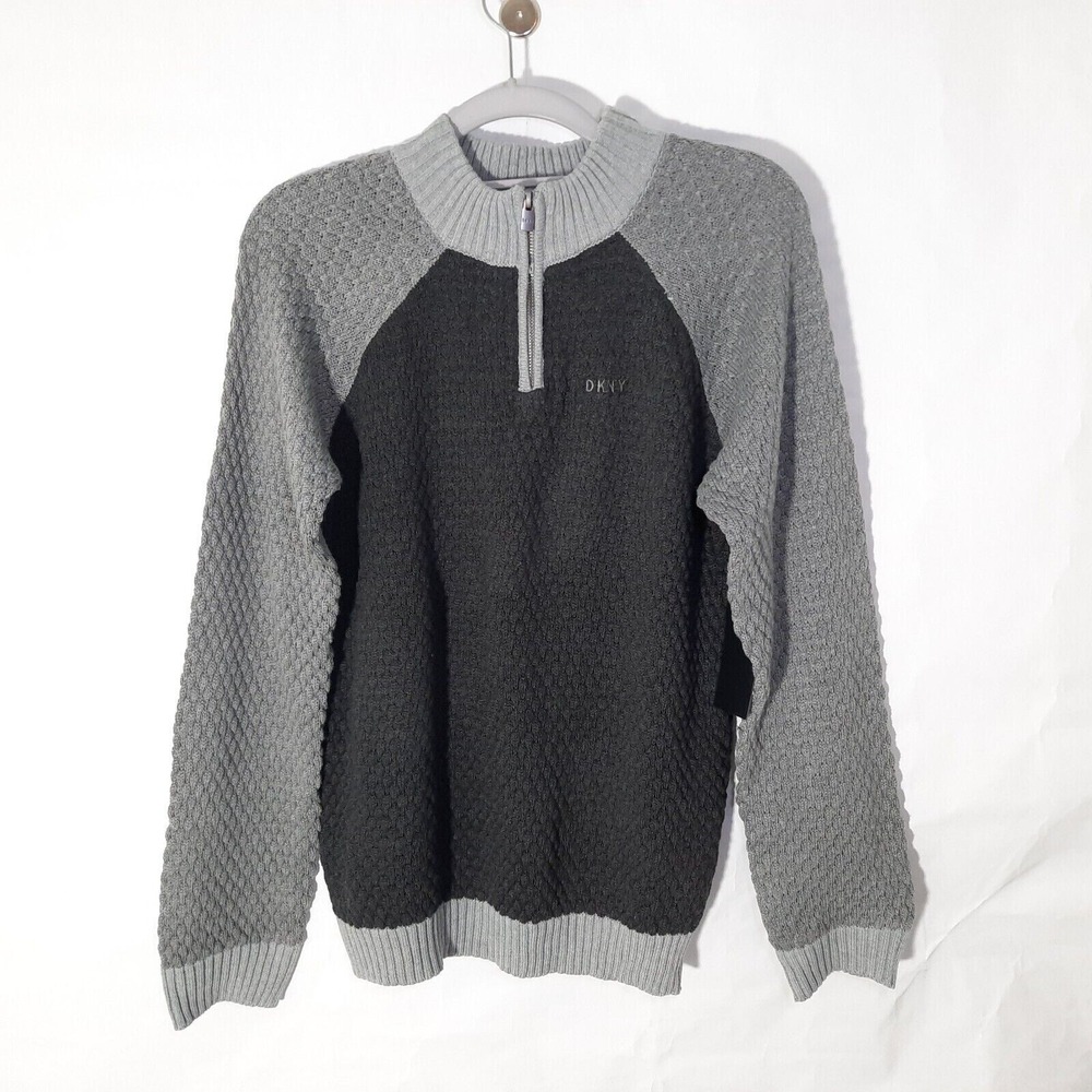 DKNY Boy L Sweater Gray 1/4 Zip Pullover Beveled Ribbed‎ Colorblock Casual